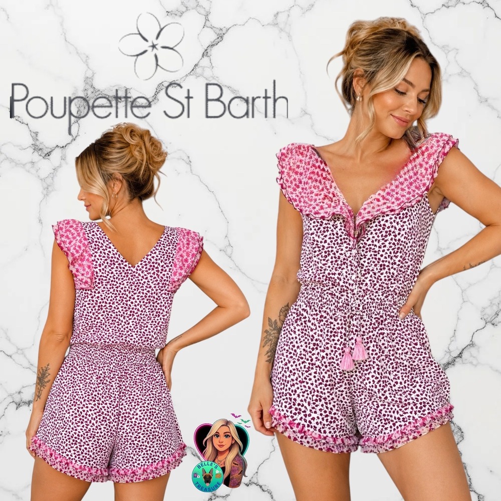 Poupette‎ St Barth Pink Floral Silk Blend Ruffle Romper Size 1 Small Sleeveless